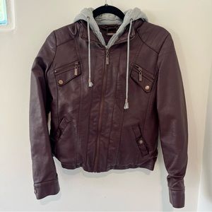Faux Leather Jacket Zip Up Hoodie with Removable Hood